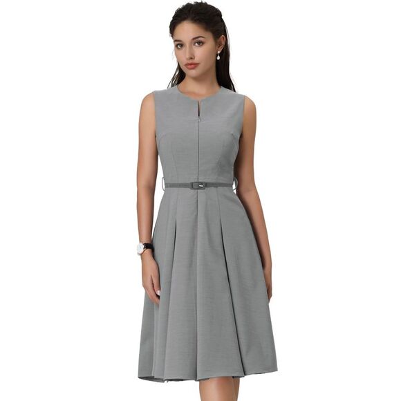 Hobemty Dresses & Skirts - Sleeveless Dress Zip Up Belted Fit & Flare Work Dresses Gray